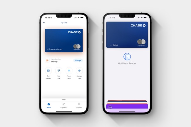 UI showing virtual card and Apple Pay screens